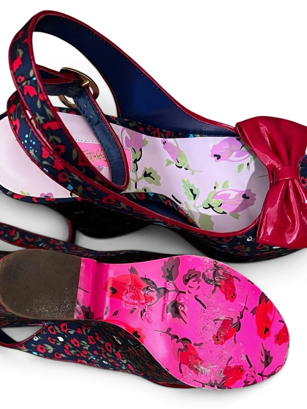 Betsey Johnson Navy Floral Platform Slingbacks with Red Bow